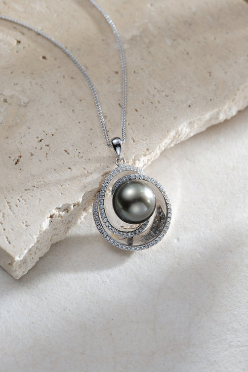 Necklace pendant: 11-12mm Tahitian black pearl with diamond halo on silver chain
