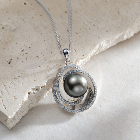 Tahitian Pearl Double Halo pendant necklace in silver with diamond halos; House of Pearls - MZ.