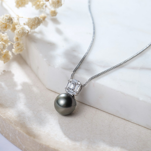 Tahitian Pearl Square Crystal Pendant Necklace on a silver chain, featuring a dark gray pearl.