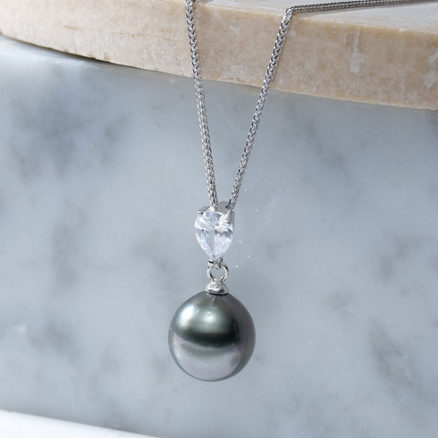 Tahitian Pearl Teardrop Crystal Pendant Necklace on a silver chain with a gray Tahitian pearl