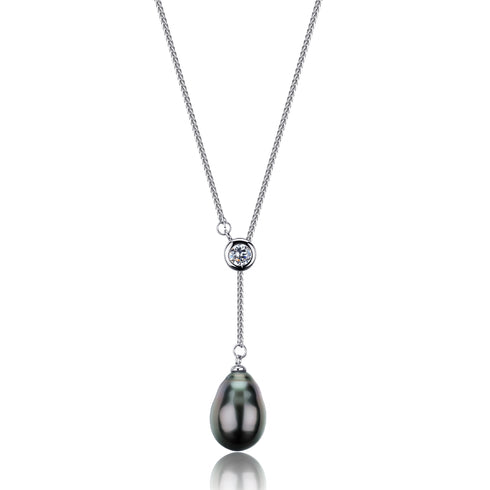 Tahitian black pearl pendant necklace with a round crystal bezel on a silver twisted-chain.