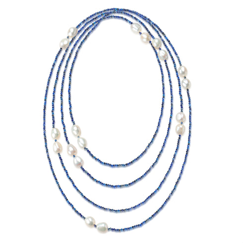 Blue Lapis Beaded Baroque Freshwater Pearls Rope Necklace - Necklaces made with hand-selected pearls from House of Pearls