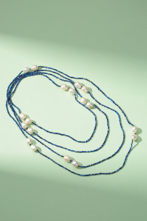 Blue Lapis Beaded Baroque Freshwater Pearls Rope Necklace - Necklaces made with hand-selected pearls from House of Pearls