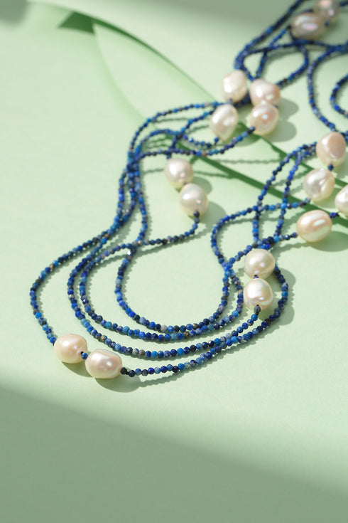 Blue Lapis Beaded Baroque Freshwater Pearls Rope Necklace - Necklaces made with hand-selected pearls from House of Pearls