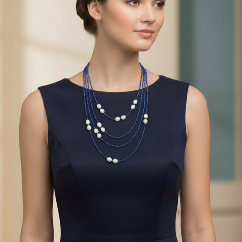 Blue Lapis Beaded Baroque Freshwater Pearls Rope Necklace - Necklaces made with hand-selected pearls from House of Pearls