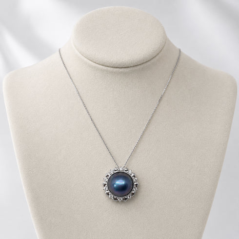 Blue Mabe Pearl Halo Pendant Necklace by House of Pearls on a silver chain