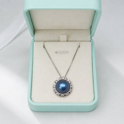 Blue Mabe Pearl Halo Pendant Necklace, silver chain, House of Pearls
