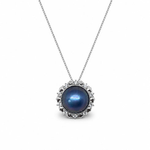 Blue Mabe Pearl Halo Pendant Necklace, silver setting with crystal halo by House of Pearls