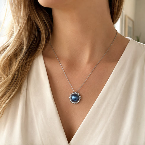 Blue Mabe Pearl Halo Pendant Necklace on a silver chain by House of Pearls