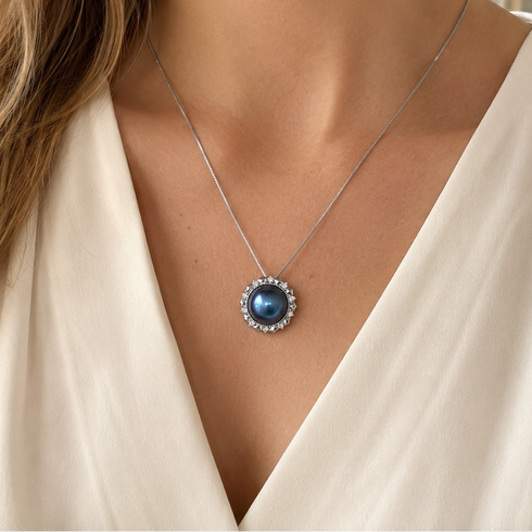 Blue Mabe Pearl Halo Pendant Necklace on a silver chain by House of Pearls