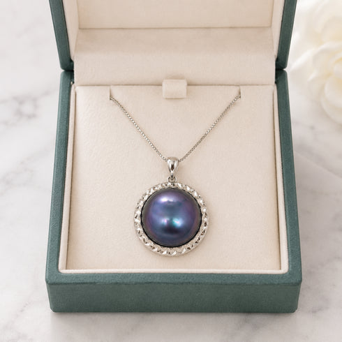 Blue Mabe Pearl Pendant Necklace in silver bezel by House of Pearls