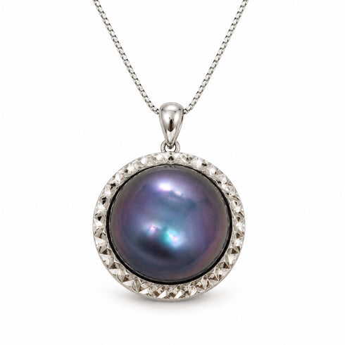 Blue Mabe Pearl Pendant Necklace by House of Pearls, silver bezel with textured edge