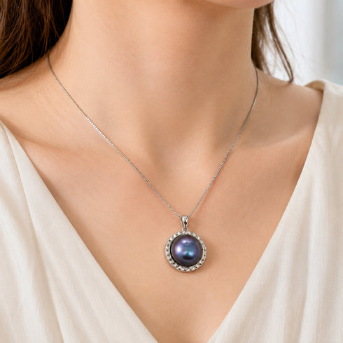 Blue Mabe Pearl Pendant Necklace by House of Pearls; silver chain with textured halo