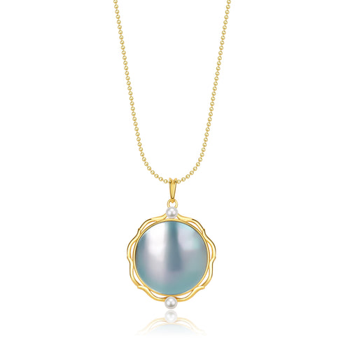 Blue Mabe Round Pendant Necklace Gold Vermeil featuring a blue mabe pearl, House Of Pearls - LXP