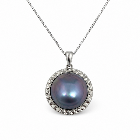 Blue mother-of-pearl statement pendant necklace by House of Pearls on a silver chain
