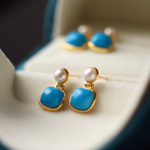 Blue Turquoise and Freshwater Pearl Drop Earrings - Earrings made with hand-selected pearls from House of Pearls