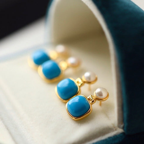 Blue Turquoise and Freshwater Pearl Drop Earrings - Earrings made with hand-selected pearls from House of Pearls