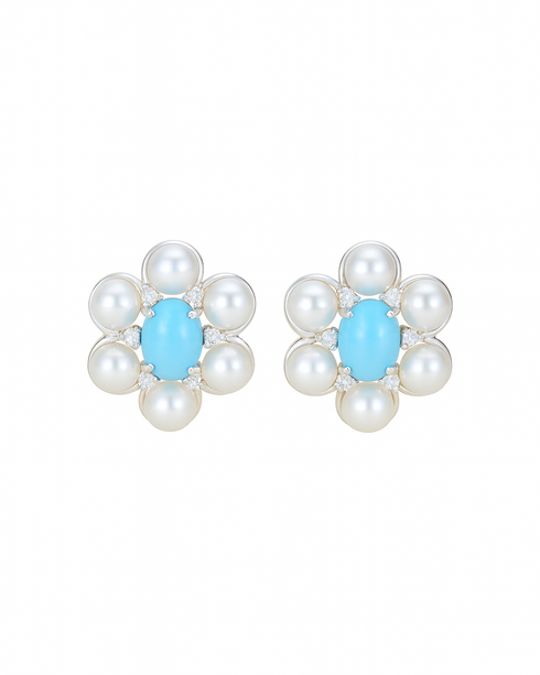 Blue Turquoise and Freshwater Pearl Floral Stud Earrings - Earrings made with hand-selected pearls from House of Pearls