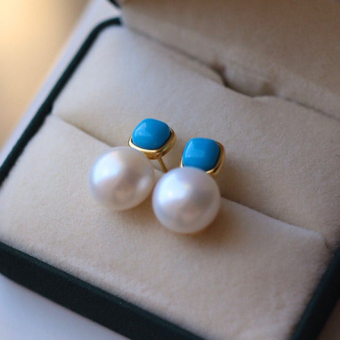Blue Turquoise and Pearl Stud Earrings - Earrings made with hand-selected pearls from House of Pearls