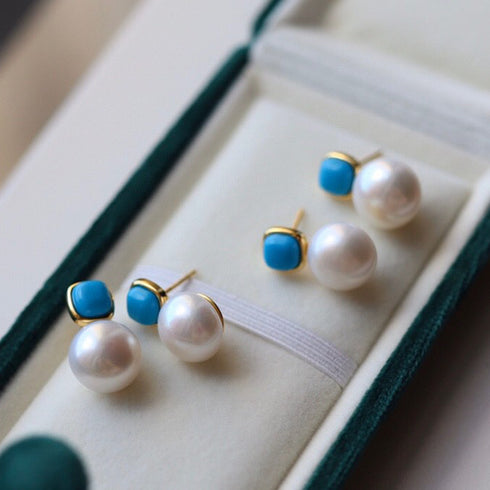 Blue Turquoise and Pearl Stud Earrings - Earrings made with hand-selected pearls from House of Pearls
