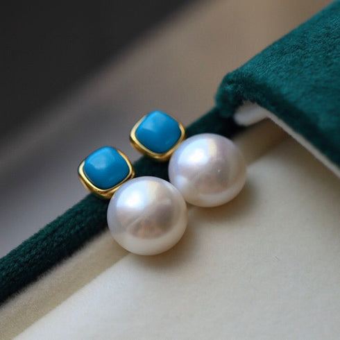Blue Turquoise and Pearl Stud Earrings - Earrings made with hand-selected pearls from House of Pearls