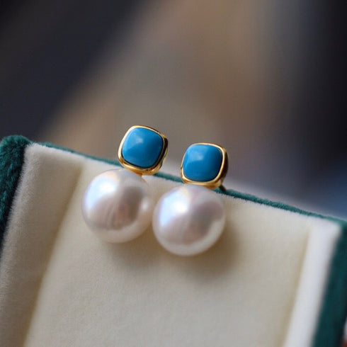 Blue Turquoise and Pearl Stud Earrings - Earrings made with hand-selected pearls from House of Pearls