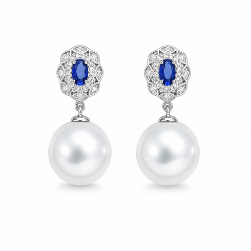 Earrings: freshwater pearl drops with blue oval gemstone and pave crystals, House Of Pearls - JT.