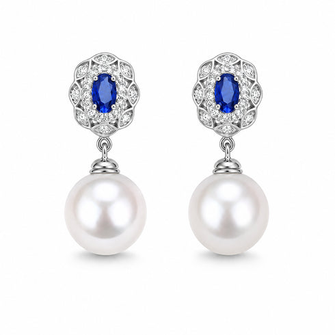 11-12mm freshwater pearl & blue gem earrings, silver floral setting with pave accents, 2-piece by House Of Pearls - JT