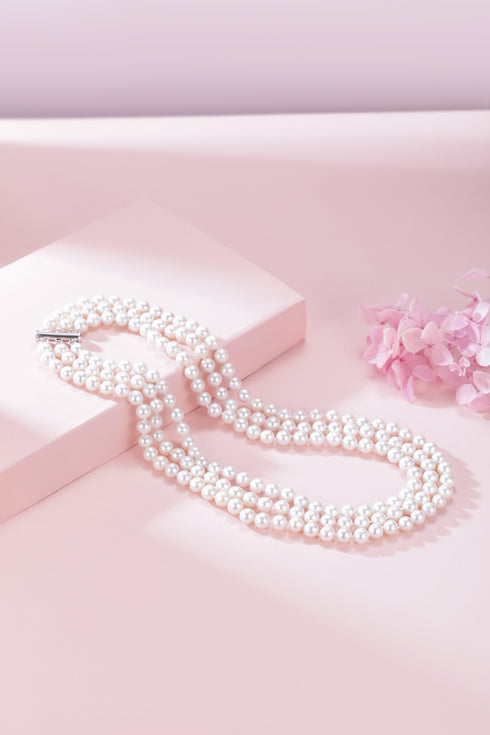 6-7mm Triple Strand White Freshwater Pearl Necklace and Bracelet Set (Purchase Individually) - Bracelets made with hand-selected pearls from House of Pearls