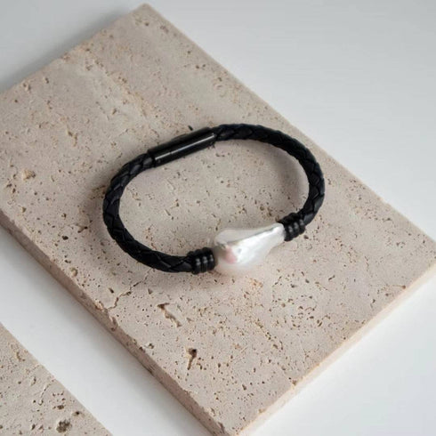 Large Baroque Pearl Leather Bracelet in Stainless Steel - House Of Pearls