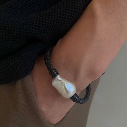 Large Baroque Pearl Leather Bracelet in Stainless Steel - House Of Pearls