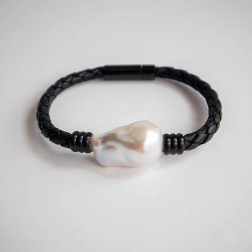 Large Baroque Pearl Leather Bracelet in Stainless Steel - House Of Pearls