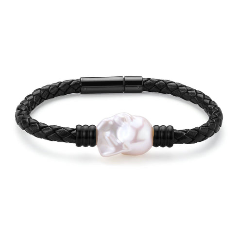 Large Baroque Pearl Leather Bracelet in Stainless Steel - House Of Pearls