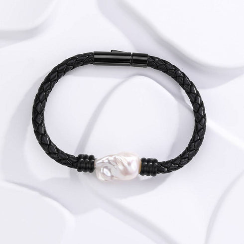 Large Baroque Pearl Leather Bracelet in Stainless Steel - House Of Pearls