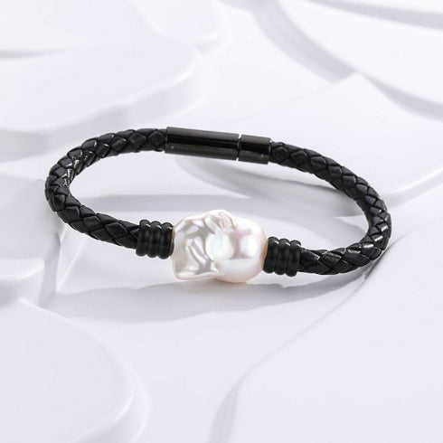 Large Baroque Pearl Leather Bracelet in Stainless Steel - House Of Pearls