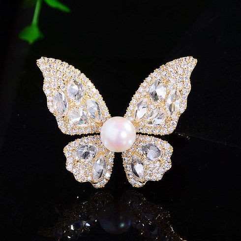 Butterfly Pearl & Cubic Zirconia Brooch - House Of Pearls