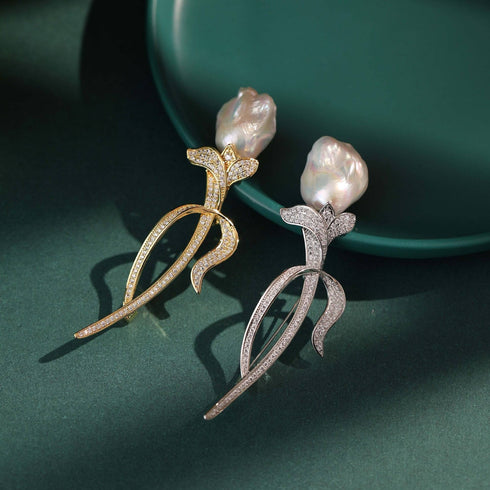 Tulip Baroque Pearl CZ Brooch - House Of Pearls