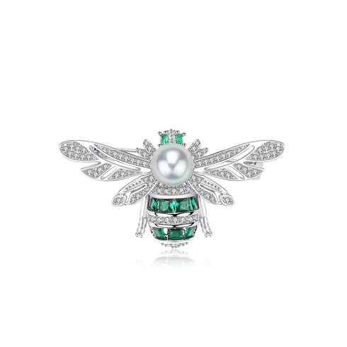 Sparkling Bee Pearl & Cubic Zirconia Brooch with pearl body, crystal wings, emerald accents — House Of Pearls -TA
