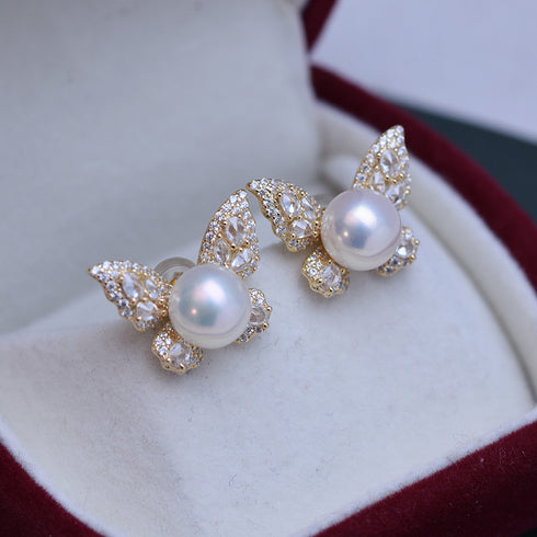 8-9mm Freshwater Pearl Butterfly &Cubic Zirconia Earrings - House Of Pearls