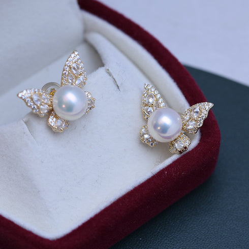 8-9mm Freshwater Pearl Butterfly &Cubic Zirconia Earrings - House Of Pearls