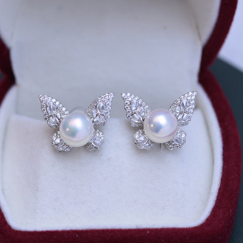 8-9mm Freshwater Pearl Butterfly &Cubic Zirconia Earrings - House Of Pearls