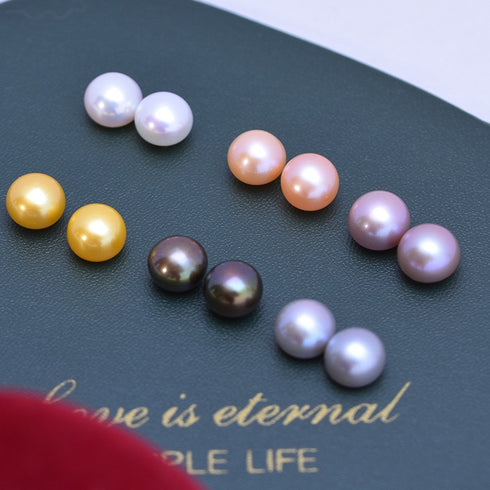 Pearl stud earrings, white freshwater button pearls in assorted colors