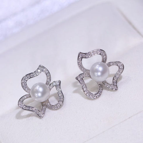 Aurora White Freshwater Pearl Floral Stud Earrings with silver-tone flower petals encrusted in crystals by House Of Pearls - TA