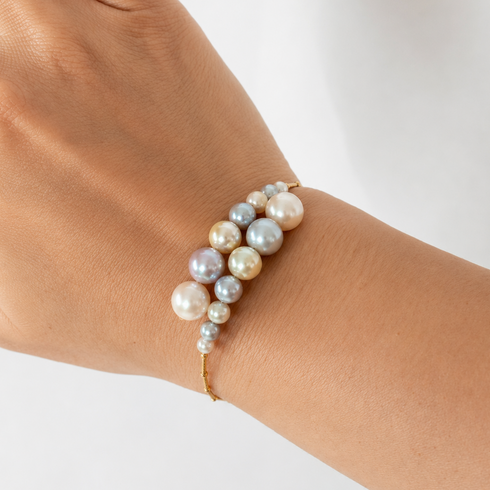 Celestial Tide Japanese Akoya Pearl Bangle Bracelet - 18K Gold
