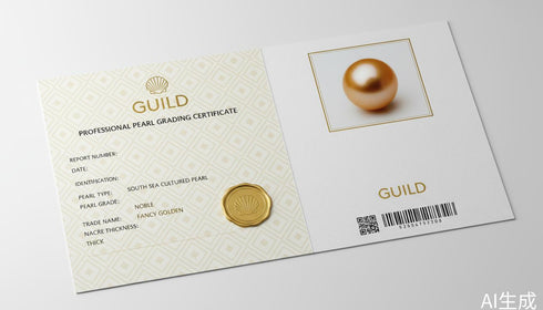 Gift card: Guild Pearl Grading Certificate by House Of Pearls with gold seal and framed pearl