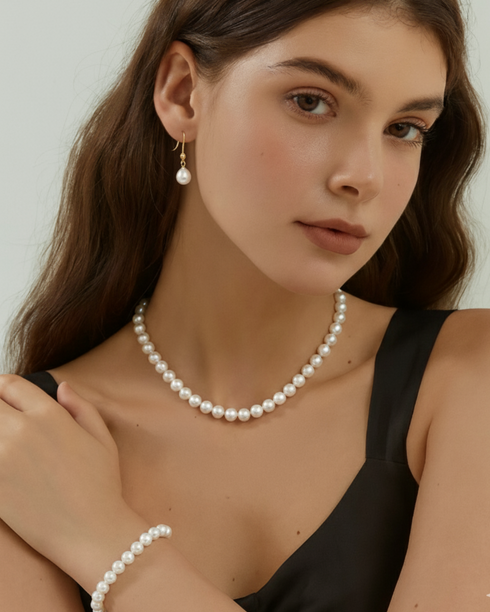 Classic White Freshwater Pearl Necklace with matching bracelet and earrings in multiple lengths by House Of Pearls