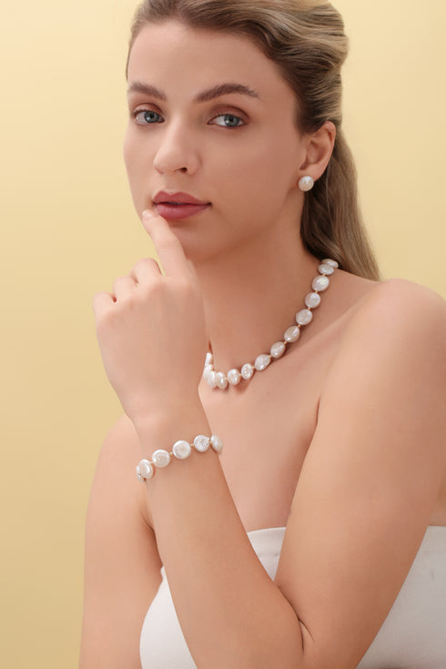 Coin Shaped Freshwater Pearl Necklace Bracelet and Earrings (Purchase Individually) - Sets made with hand-selected pearls from House of Pearls
