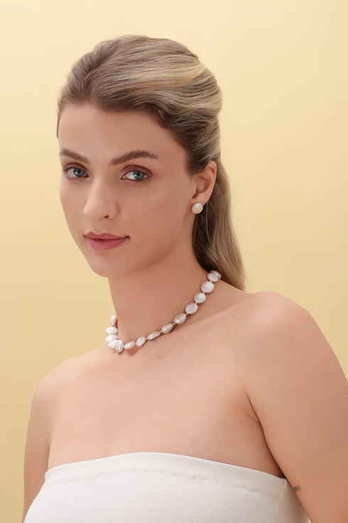 Coin Shaped Freshwater Pearl Necklace Bracelet and Earrings (Purchase Individually) - Sets made with hand-selected pearls from House of Pearls