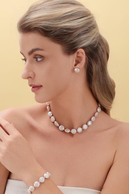 Coin Shaped Freshwater Pearl Necklace Bracelet and Earrings (Purchase Individually) - Sets made with hand-selected pearls from House of Pearls