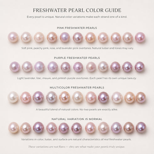 Freshwater pearl necklace color guide infographic in pink, purple, and multicolor AAA-grade 6-6.5mm pearls